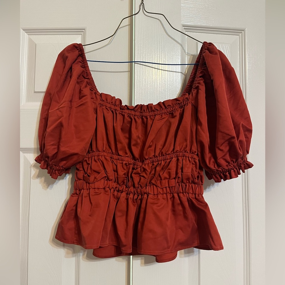Burnt Orange Red Blouse Top, Can be Worn Over Shoulders